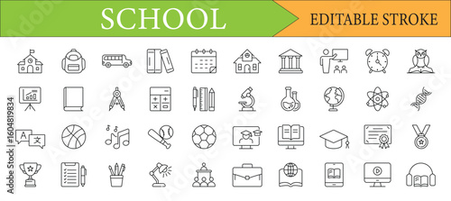 School and Education Line Icons Editable Stroke Vector Set