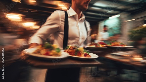The waiter carrying plates of gourmet food in a bustling restaurant scene.