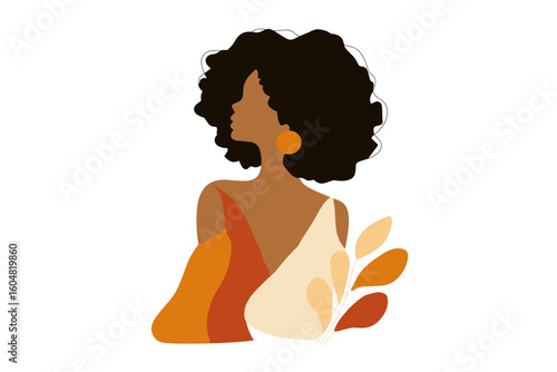 African American woman with curly hair and plant illustration  