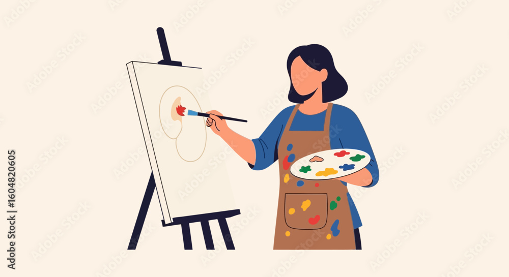 Fototapeta premium Artist Painting on Canvas with Palette and Brush in Studio