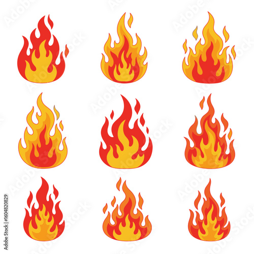 Nine Vibrant Flame Illustrations in Red and Yellow Hues