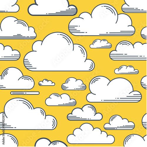 Stylized White Clouds on Yellow Background Seamless Pattern