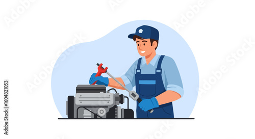 Smiling Mechanic Repairing Car Engine with Wrench