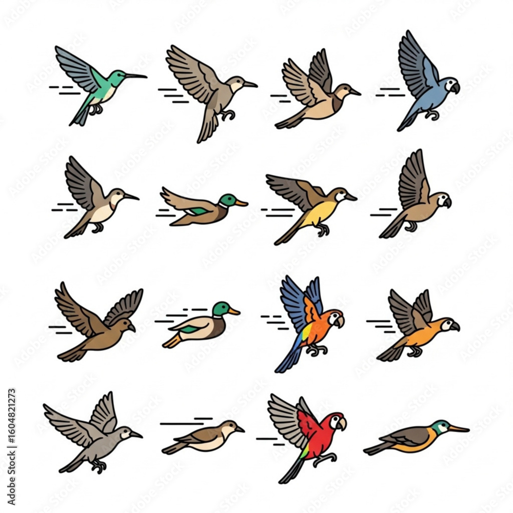 Fototapeta premium Bird Character Vector Set – Toucans, Robins, Nesting Birds, and Cartoon Expressions 