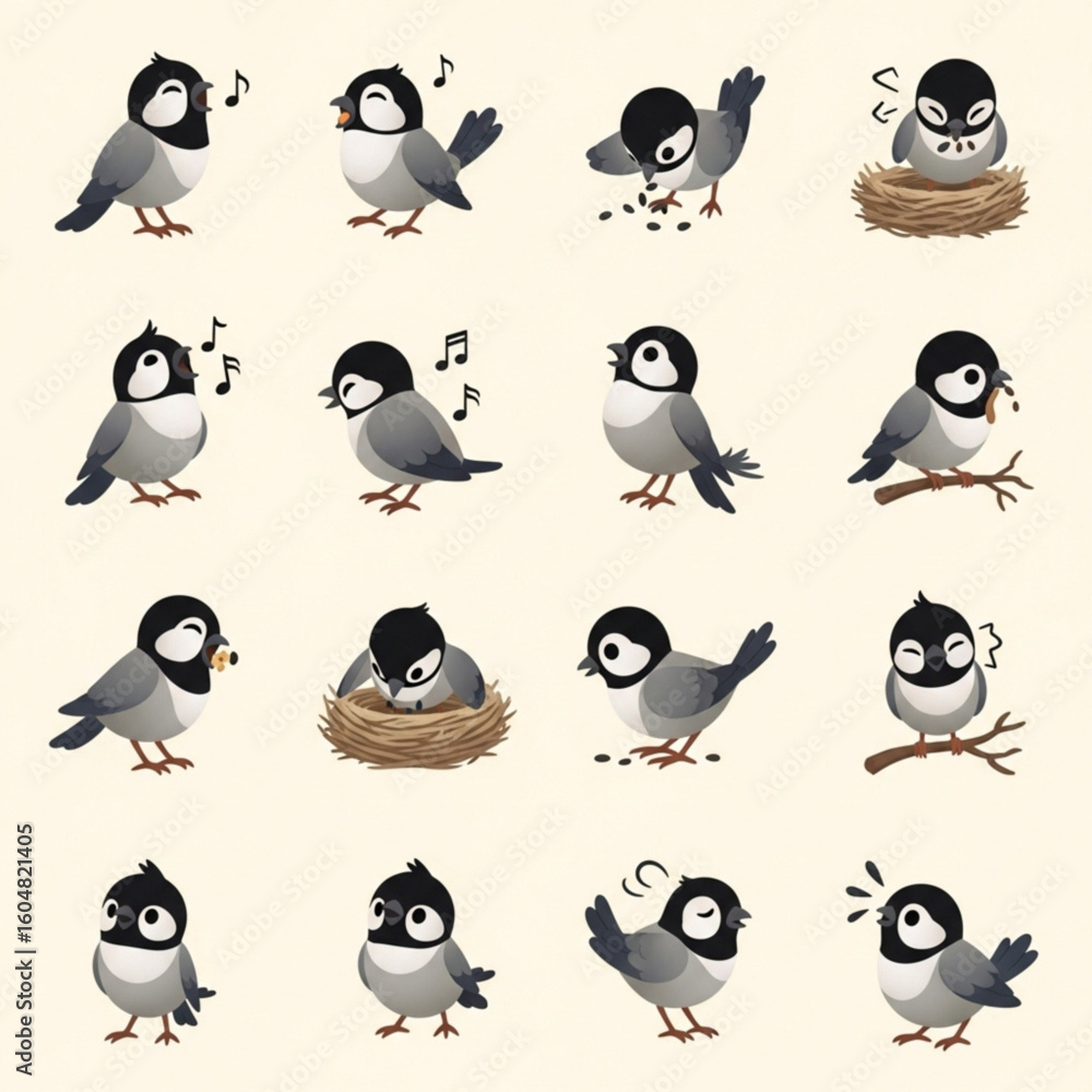 Obraz premium Bird Character Vector Set – Toucans, Robins, Nesting Birds, and Cartoon Expressions Children's Books