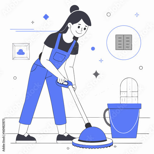 Woman cleaning floor with a mop while smiling in a modern room  