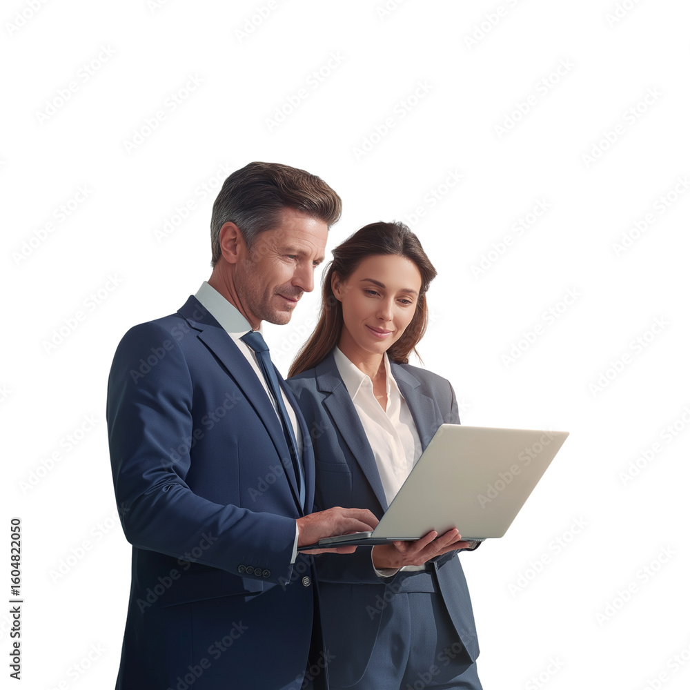 Two professionals, a man and a woman, in business attire, are shown discussing a laptop together against a transparent background Two professionals, a man and a woman, in business attire, are shown discussing a laptop together against a transparent background