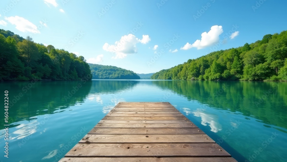 Obraz premium Tranquil Wooden Dock Extending into Serene Emerald Lake Surrounded by Lush Green Foliage Under a Bright Sunny Sky