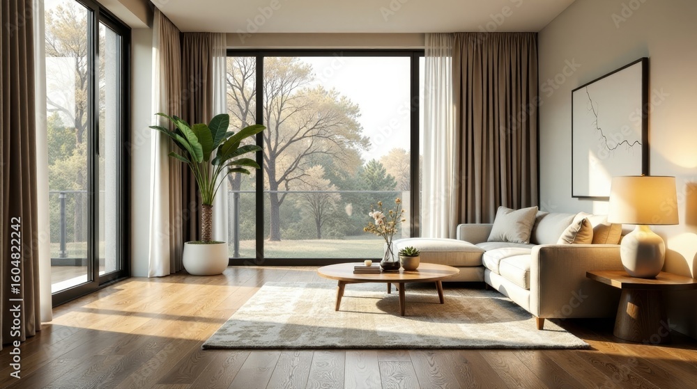 Fototapeta premium Serene Living Room with Natural Light and Minimalist Decor, Featuring a Comfortable Sectional Sofa and Large Windows Offering a Tranquil View of Lush Greenery