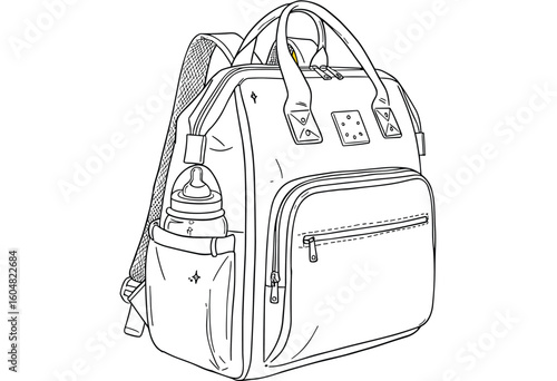 Backpack with baby bottle, diaper bag, childcare accessories, parenting gear, travel essentials, organized compartments, line art, vector illustration, CAD drawing