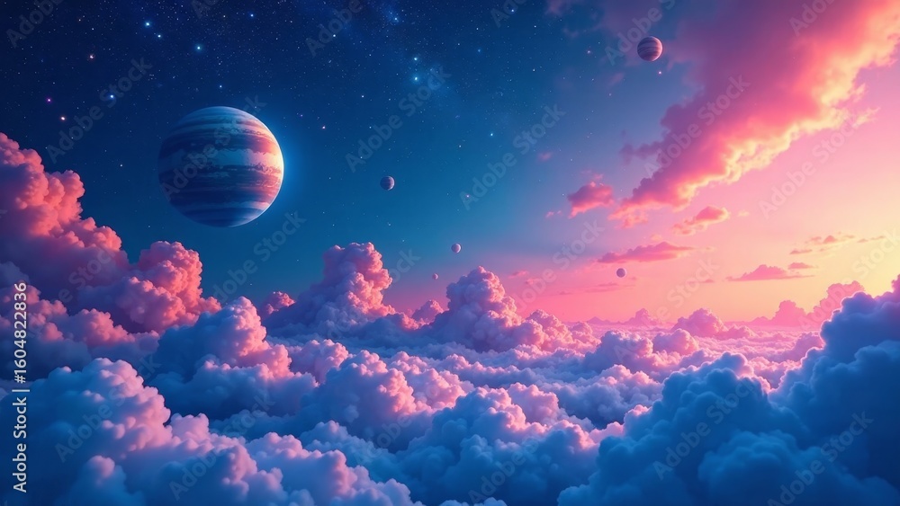 Fototapeta premium Celestial Dreamscape A Serene Panorama of Pink and Blue Clouds Under a Starry Sky Adorned with Planets