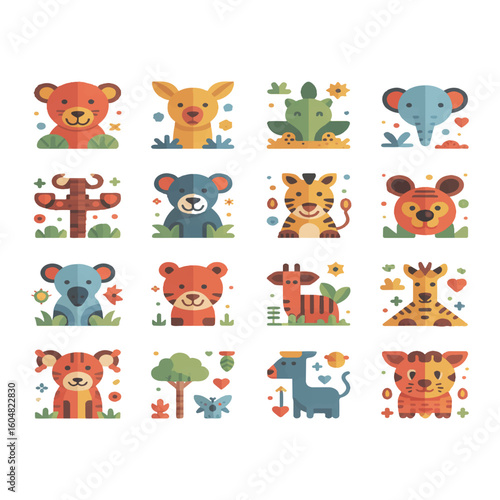 Vector art of a collection of adorable animal characters in a flat vector style for various designs