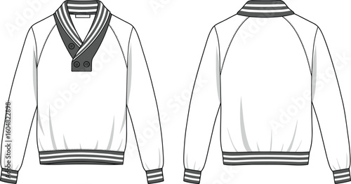 Cad drawing flat vector illustration, front and back sweater view, striped collar detail, fashion design, garment sketch, white knitwear
