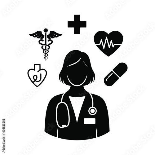 Vector illustration of female healthcare worker silhouette with medical symbols including caduceus, heart monitor, and pill
