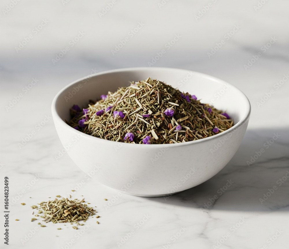 Fototapeta premium Mockup Of Ceramic Bowl With Herbal Blend On Marble Surface And Natural Light