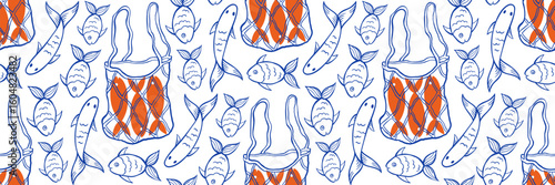Net bag with sardines trendy Marine doodle pattern. Combination of blue doodle and orange flat illustration. Great for fashion print, packaging and branding. Vector outline illustration.