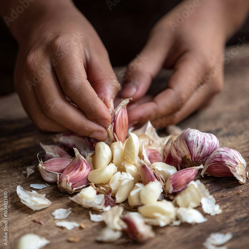 Hands peeling garlic cloves on a wooden surface with loose garlic skin around it