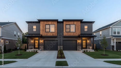 Modern Duplex Home Exterior, Evening Twilight, Contemporary Design, Gray and Wood Siding, Two-Car Garage.