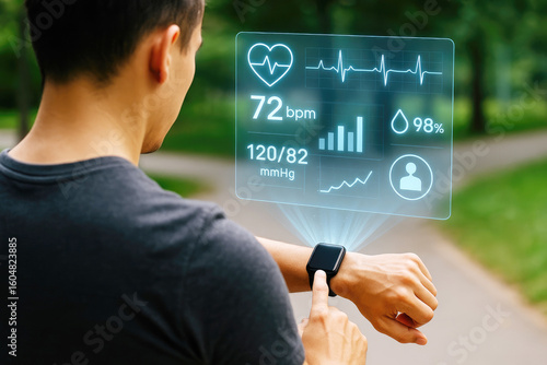 Man checking holographic health data on smartwatch augmented reality holographic display