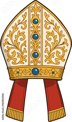 Cartoon Bishop Mitre Hat – Ornate Gold Embroidered Clergy Headwear with Red Lappets and Blue Gemstones