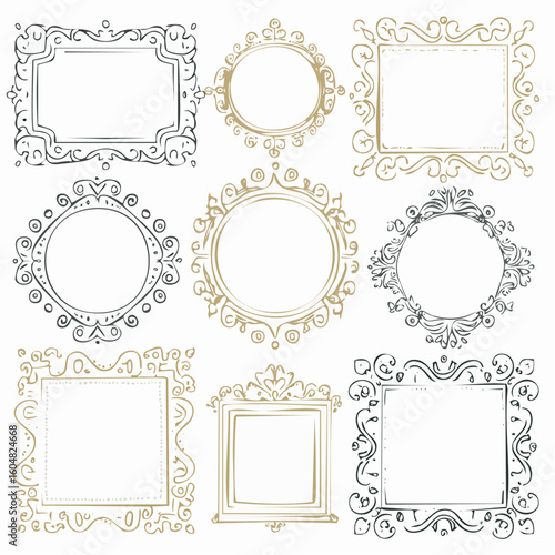 Hand drawn ink vintage frames. Stamp or letter mark frames for greeting cards