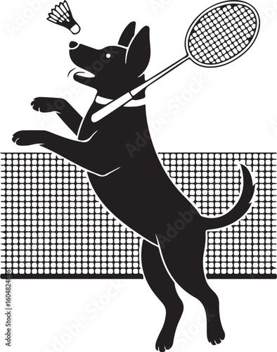 A playful dog playing badminton with a racket and shuttlecock vector illustration