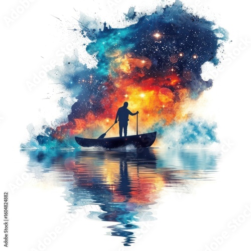 A solitary figure in a small boat navigates a vibrant cosmic scene