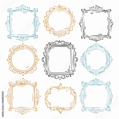 Hand drawn ink vintage frames. Stamp or letter mark frames for greeting cards