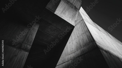 Black-and-white low angle shot of brutalist concrete structure building. High contrast, dramatic lighting and shadows.