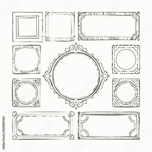 Hand drawn ink vintage frames. Stamp or letter mark frames for greeting cards