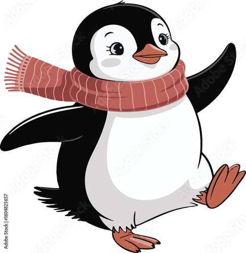 Cheerful cartoon penguin wearing a red scarf in a playful and upbeat illustration