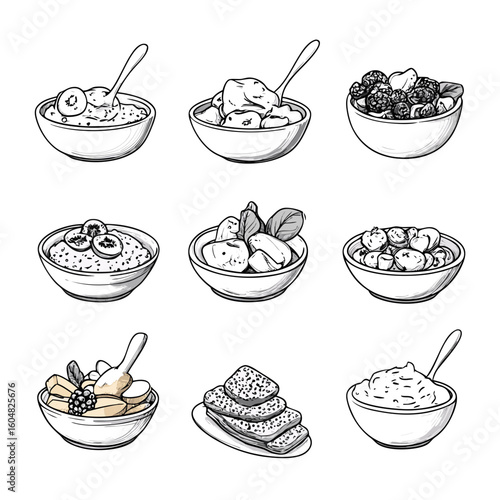 Assorted bowls of various healthy foods and snacks in icon set  