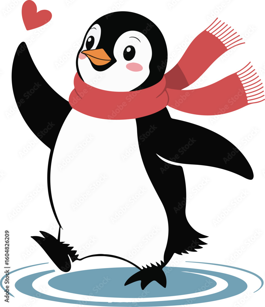 Fototapeta premium Cute cartoon penguin wearing a red scarf holding a heart in a playful vector illustration