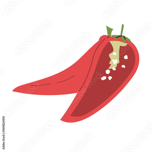 Red chili pepper slice with seeds and green stem illustration.