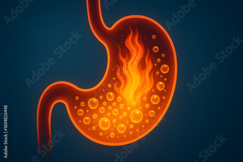 Human stomach with burning acid reflux illustration, digestive disorder concept showing gastric acid irritation, medical anatomy visualization of heartburn, indigestion and stomach inflammation, gastr