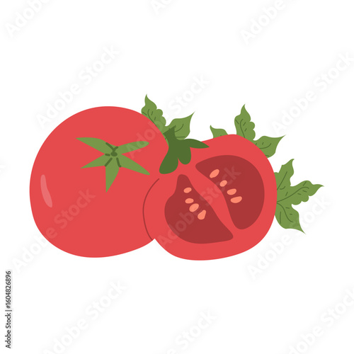 Fresh red tomatoes with green leaves, half and whole vegetable.