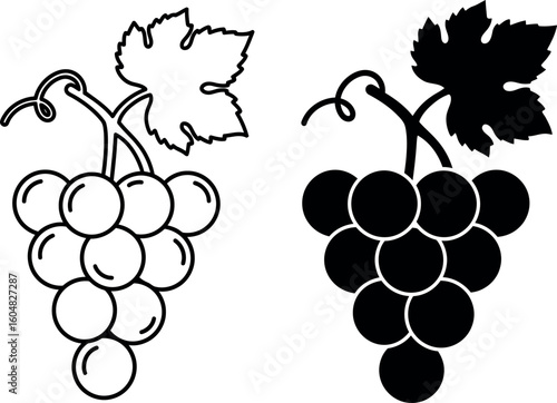 Grape bunch silhouette outline icon set
