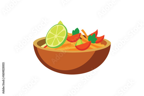 Spicy Thai Papaya Salad In A Wooden Bowl With Garnish