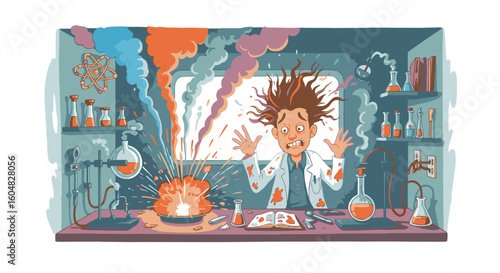Mad scientist reacts to lab explosion with colorful smoke and flying hair