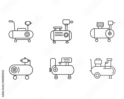 Air Compressor Line Icons Set for Industrial Equipment and Pneumatic Tools Representing Power and Efficiency with Minimalist Vector Design Style