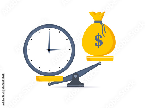 Time is money. Clock and dollar bag a balance scale. Financial concept .Time value of money asset growth over time depicts investment in long-term equity. Vector