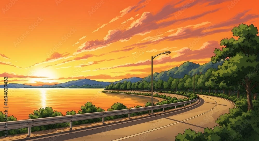 Fototapeta premium Serene Anime Coastal Highway at Sunset