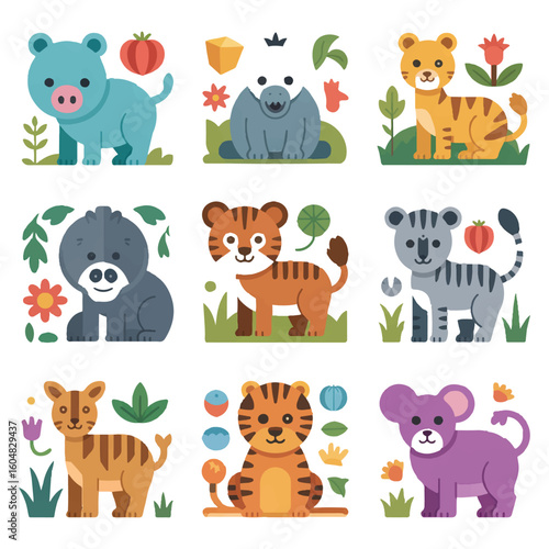 Wallpaper Mural Vector art of a delightful collection of cartoon animal illustrations featuring tigers, koalas, elephants, and bears Torontodigital.ca