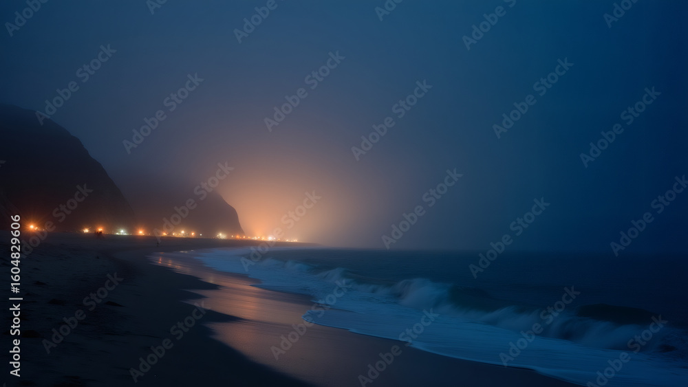Fototapeta premium Coastal town lights on a misty beach at dusk