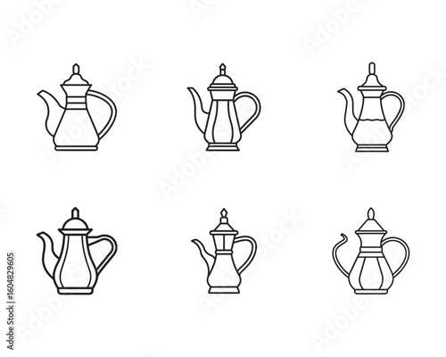 Arabic Coffee Pots Line Art Set for Traditional Coffee Service and Middle Eastern Hospitality Designs on White Background