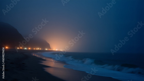 Coastal town lights on a misty beach at dusk