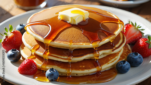 Stack of pancakes and waffles with berries and jam on a plate
