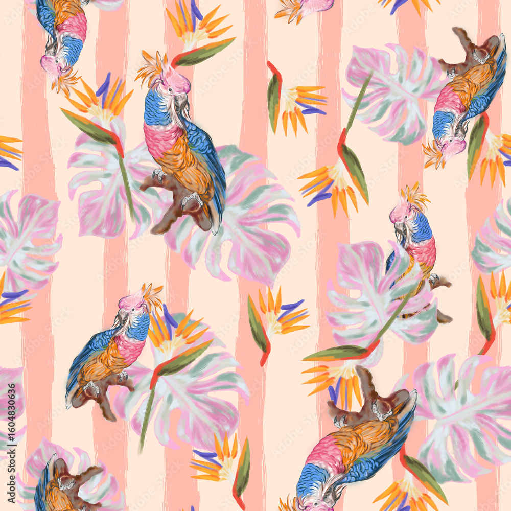 Obraz premium TROPICAL PRINT WITH COCKATOO AND TROPICAL FOLIAGE