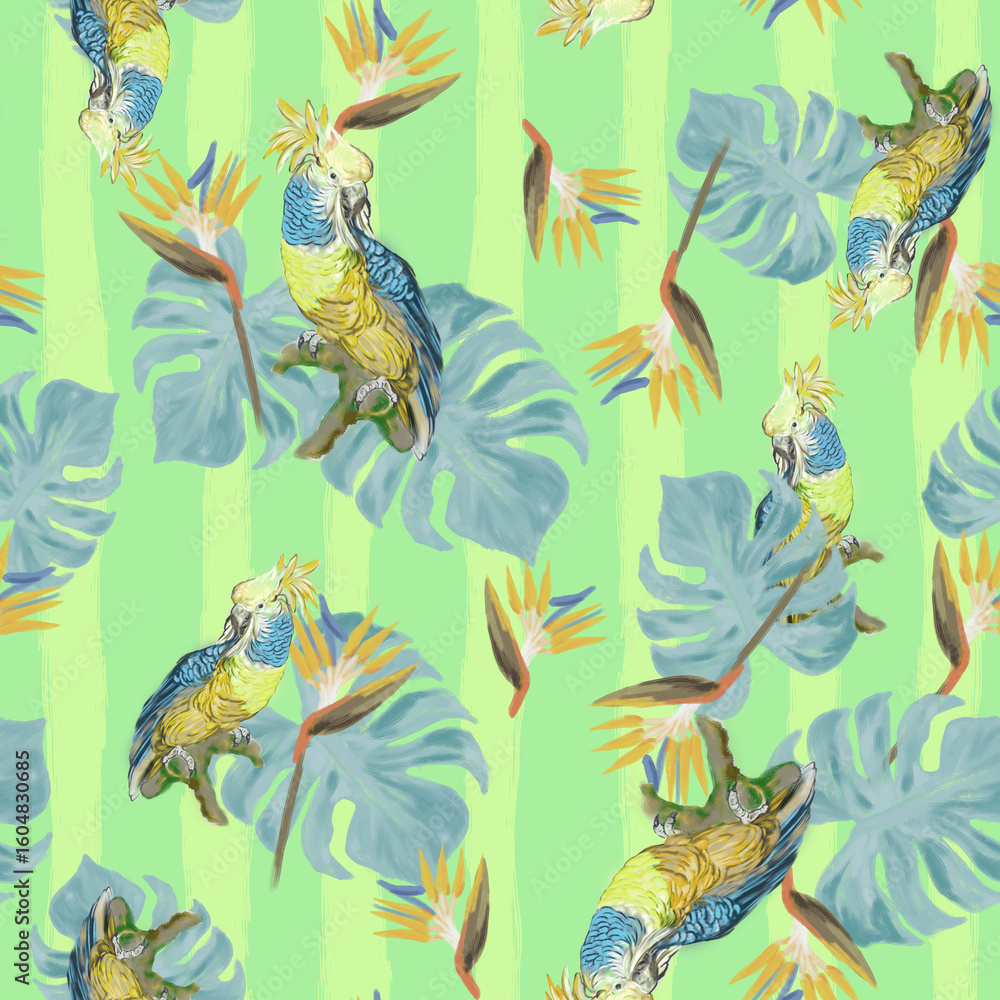 Naklejka premium TROPICAL PRINT WITH COCKATOO AND TROPICAL FOLIAGE