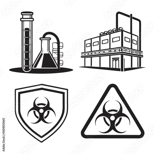 Illustration of lab equipment, a factory, and biohazard symbols in black and white drawing style